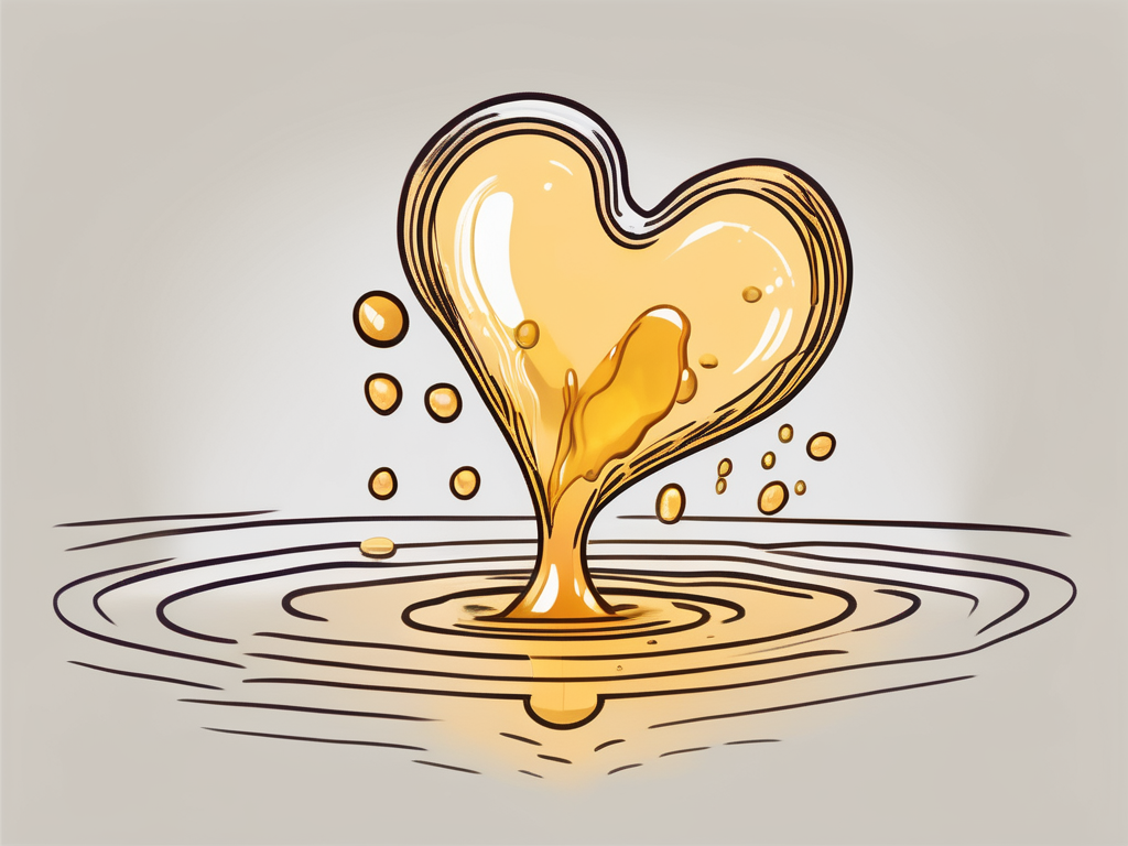 a heart-shaped oil droplet gently falling onto a bed, symbolizing the connection between cold pressed oils, heart health, and sleep quality, hand-drawn abstract illustration for a company blog, white background, professional, minimalist, clean lines, faded colors