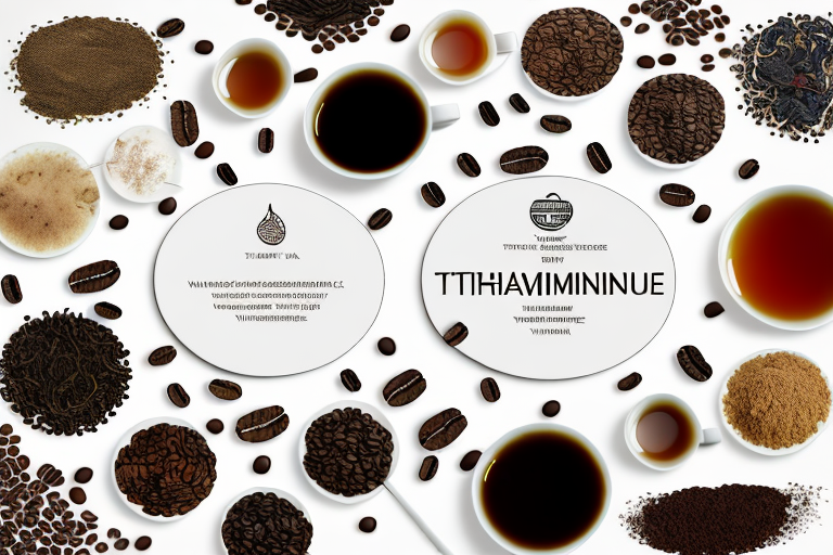 various foods and substances like alcohol, tea, coffee, and raw fish arranged in a blocking formation around a symbolic representation of the vitamin Thiamine, hand-drawn abstract illustration for a company blog, in style of corporate memphis, faded colors, white background, professional, minimalist, clean lines