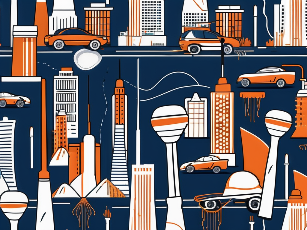 a variety of cleaning tools like a broom, mop, vacuum, and bucket, with the iconic Las Vegas skyline in the background, hand-drawn abstract illustration for a company blog, white background, professional, minimalist, clean lines, navy blue and burnt orange