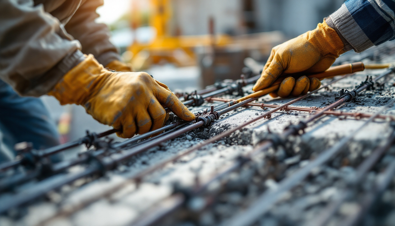 Two gloved hands doing construction on reobars