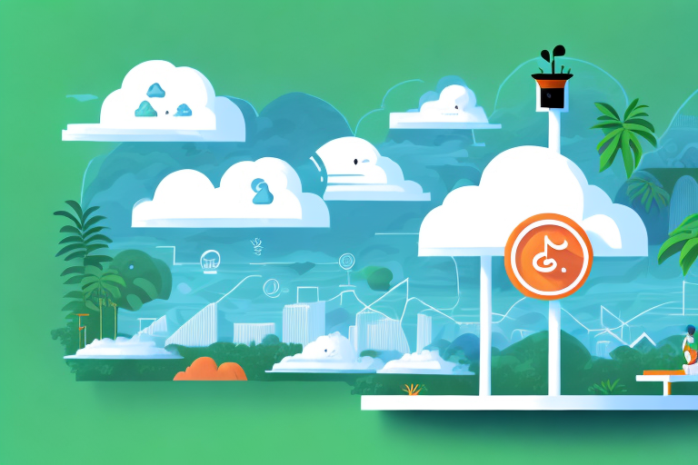 a cloud-shaped platform filled with various marketing tools and symbols, hovering over a stylized representation of an Amazon jungle landscape, hand-drawn abstract illustration for a company blog, in style of corporate memphis, faded colors, white background, professional, minimalist, clean lines