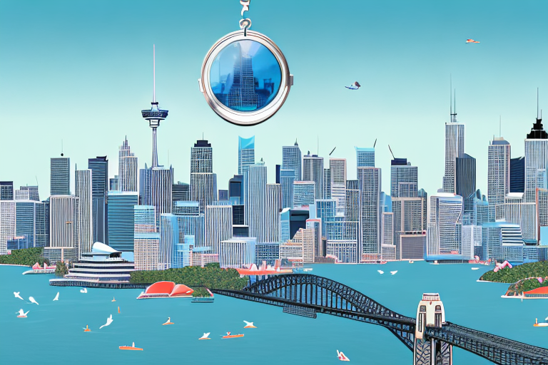 a bird's eye view of Sydney's skyline, highlighting iconic buildings and landmarks, with a magnifying glass hovering over it, symbolizing the detailed examination of the real estate market, hand-drawn abstract illustration for a company blog, in style of corporate memphis, faded colors, white background, professional, minimalist, clean lines
