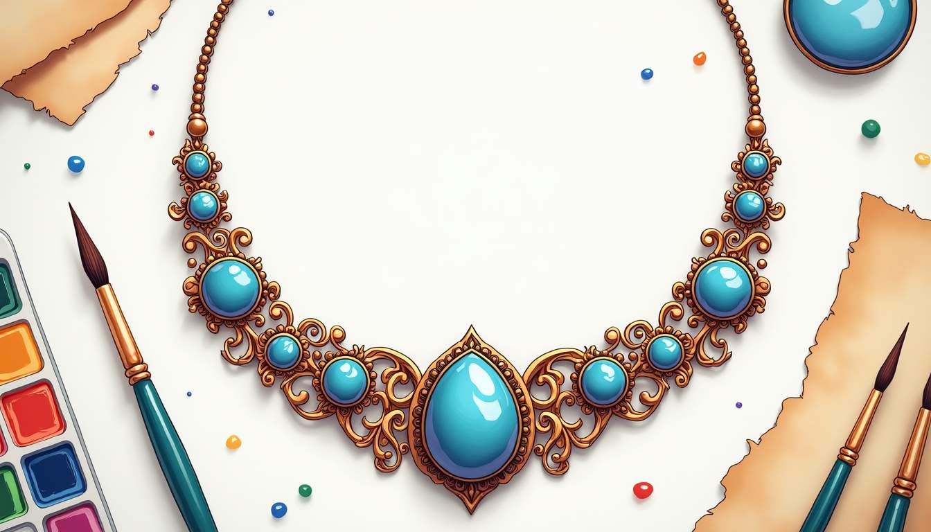 an elegant porcelain necklace adorned with intricate patterns, surrounded by whimsical elements like paintbrushes, storytelling scrolls, and vibrant gemstones, all set against a soft, artistic background that evokes a sense of creativity and narrative, hand-drawn abstract illustration for a company blog, white background, professional, minimalist, clean lines, faded colors