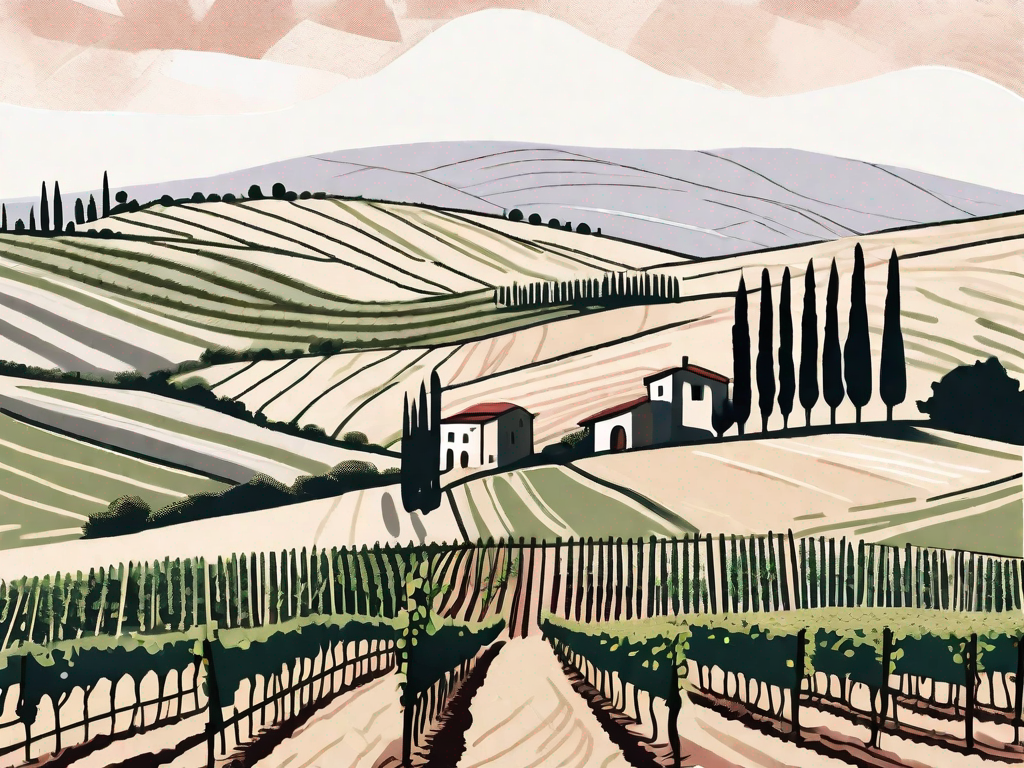 a picturesque vineyard in Montalcino, Italy with rolling hills, grapevines, and a bottle of Italian wine with a wine glass filled with red wine in the foreground, hand-drawn abstract illustration for a company blog, white background, professional, minimalist, clean lines, faded colors