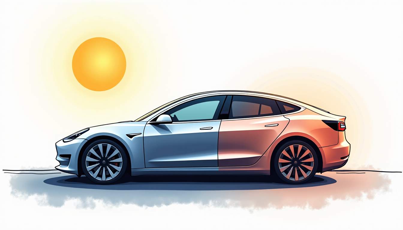 a sleek Tesla vehicle parked under bright sunlight, showcasing the effects of window tinting with a gradient transition from clear to tinted glass, while highlighting the interior temperature difference and reflections on the car's surface, hand-drawn abstract illustration for a company blog, white background, professional, minimalist, clean lines, faded colors