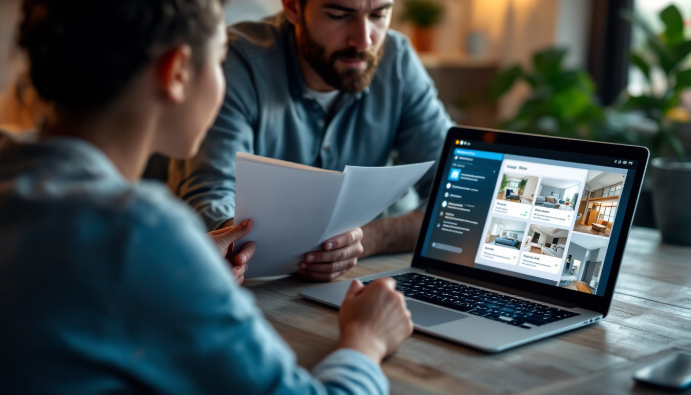 Man and woman reviewing home security systems 