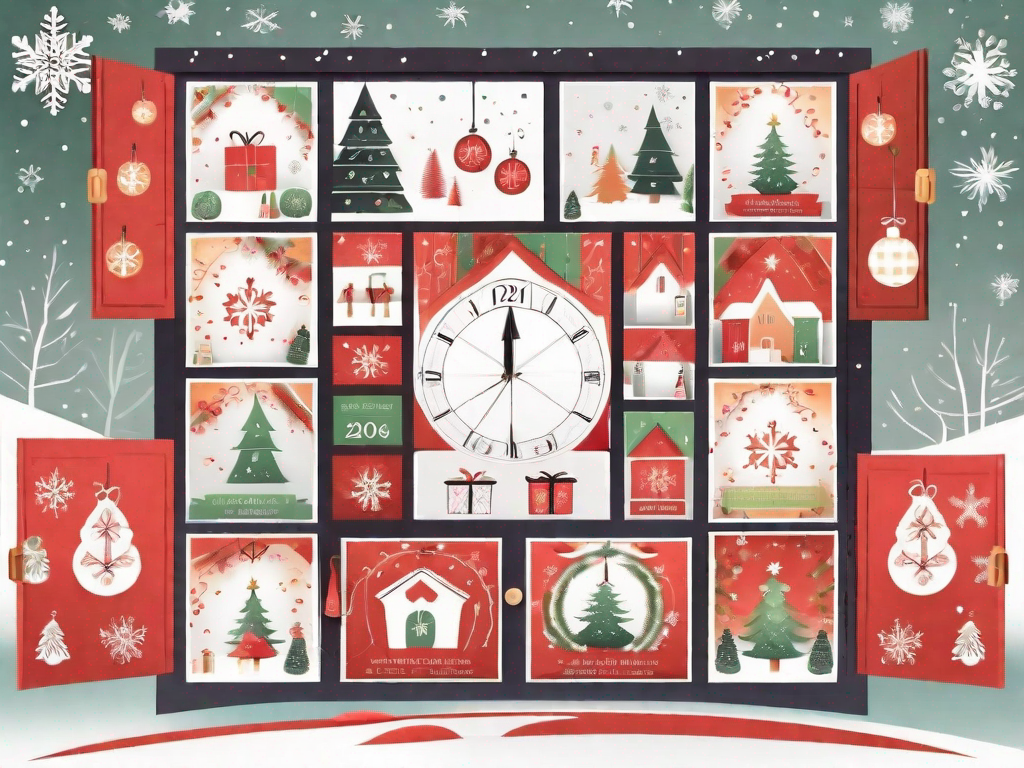 a traditional Advent calendar with open doors revealing various Christmas-themed symbols and decorations, set against a festive background, hand-drawn abstract illustration for a company blog, white background, professional, minimalist, clean lines, faded colors