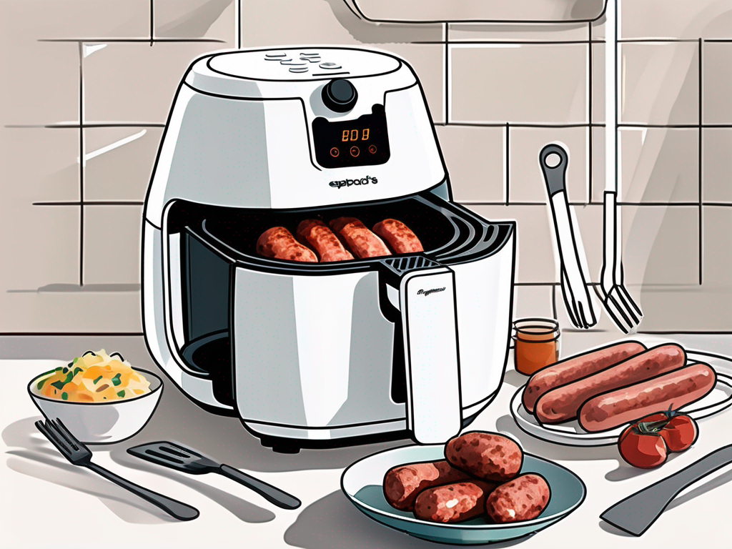 an air fryer with frozen Esposito's breakfast sausage links inside, surrounded by kitchen utensils like tongs and a spatula, with a digital timer showing cooking time, hand-drawn abstract illustration for a company blog, white background, professional, minimalist, clean lines, faded colors