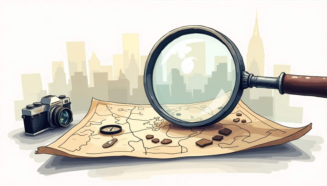 Draw an illustration of a magnifying glass hovering over a detailed map with scattered clues like footprints, a compass, and a vintage camera, set against a subtle cityscape background to evoke the theme of private investigations, hand-drawn abstract illustration for a company blog, white background, professional, minimalist, clean lines, faded colors