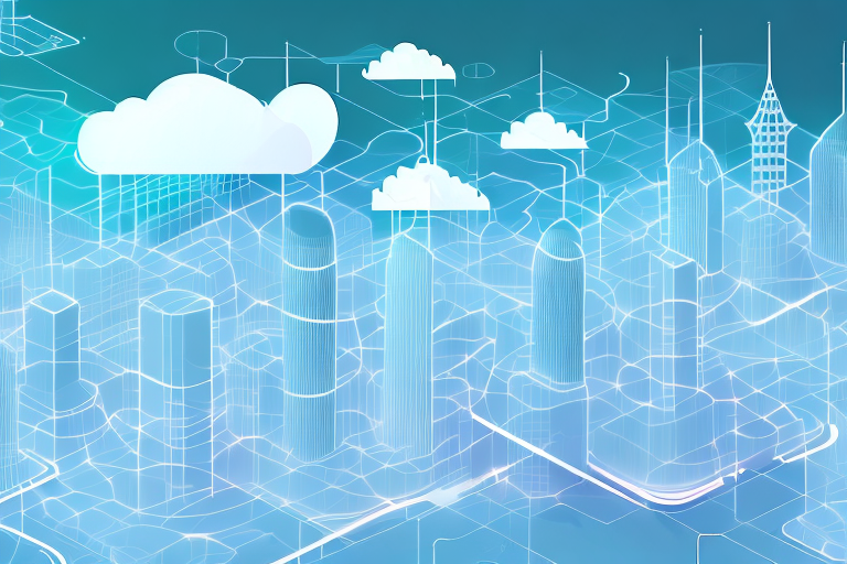 a dynamic, futuristic cityscape with buildings made up of cloud-like structures, interconnected with digital pathways, representing the digital transformation brought by cloud computing in the IT landscape, hand-drawn abstract illustration for a company blog, in style of corporate memphis, faded colors, white background, professional, minimalist, clean lines