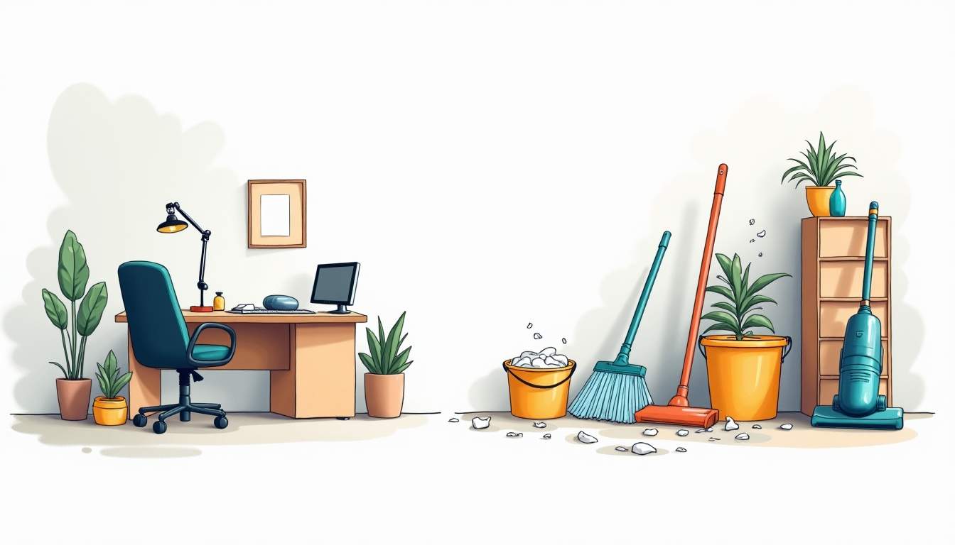 a split scene depicting a tidy, organized office space on one side with everyday cleaning supplies, and a contrasting side showing a deep cleaning scenario with tools like a vacuum, mop, and bucket surrounded by dust and clutter, hand-drawn abstract illustration for a company blog, white background, professional, minimalist, clean lines, faded colors