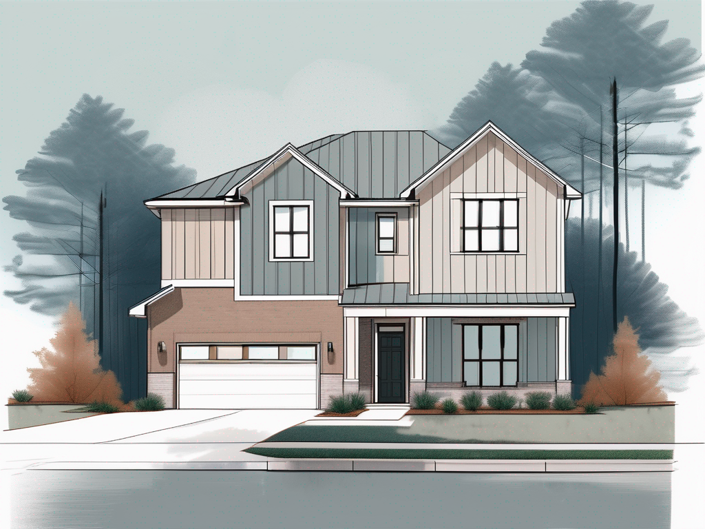 a suburban house in Canton, Georgia, incorporating elements like soundproof windows, insulation materials, and noise barriers in the design, to visually represent sound mitigation techniques, hand-drawn abstract illustration for a company blog, white background, professional, minimalist, clean lines, faded colors