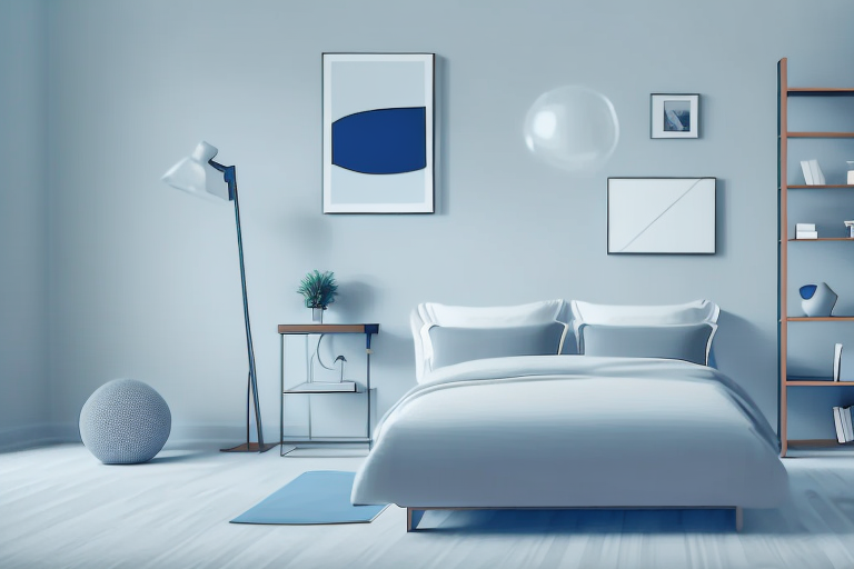 a bedroom scene at night, focusing on a bed with an elevated pillow and a humidifier on the bedside table, suggesting a peaceful and quiet sleep environment, hand-drawn abstract illustration for a company blog, in style of corporate memphis, faded colors, white background, professional, minimalist, clean lines