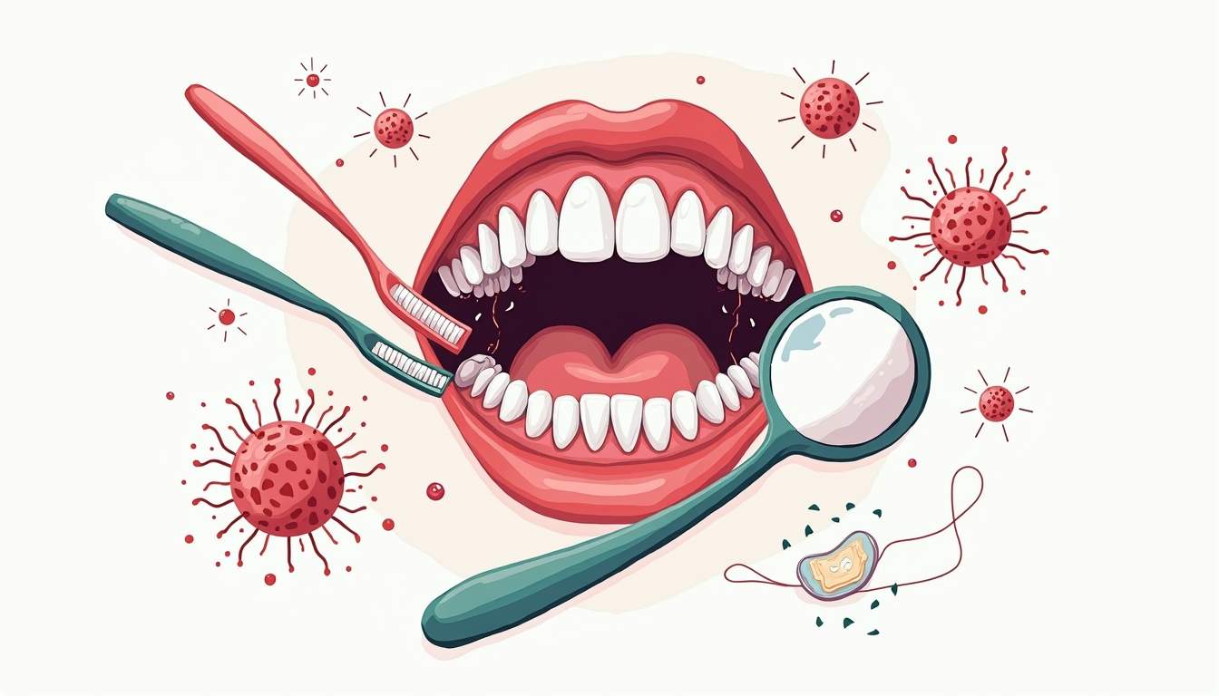 an open mouth with a detailed view of healthy teeth and gums, surrounded by dental tools like a toothbrush, floss, and a dental mirror, along with visual elements representing bacteria and plaque being removed to emphasize the importance of cleaning and check-ups, hand-drawn abstract illustration for a company blog, white background, professional, minimalist, clean lines, faded colors