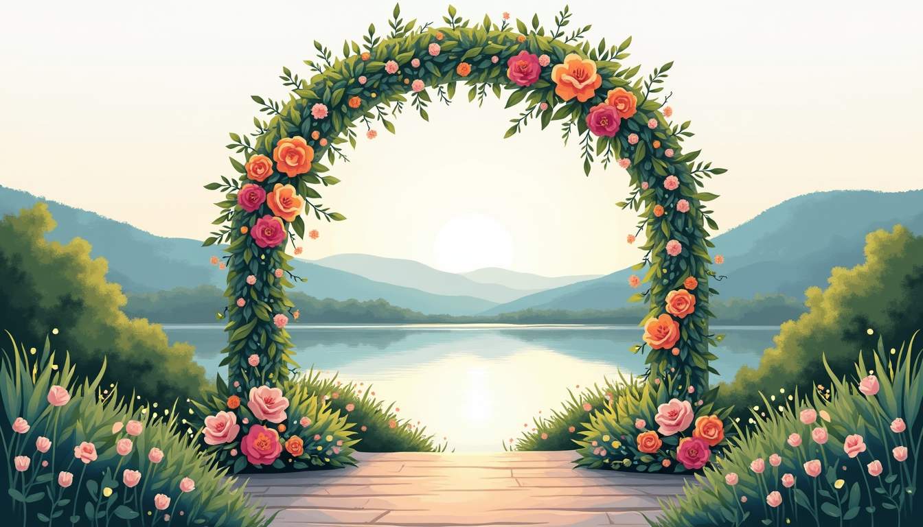 a picturesque outdoor wedding setting, featuring a beautifully decorated archway adorned with flowers, surrounded by lush greenery and soft, ambient lighting, set against a serene backdrop of rolling hills or a tranquil lake, hand-drawn abstract illustration for a company blog, white background, professional, minimalist, clean lines, faded colors