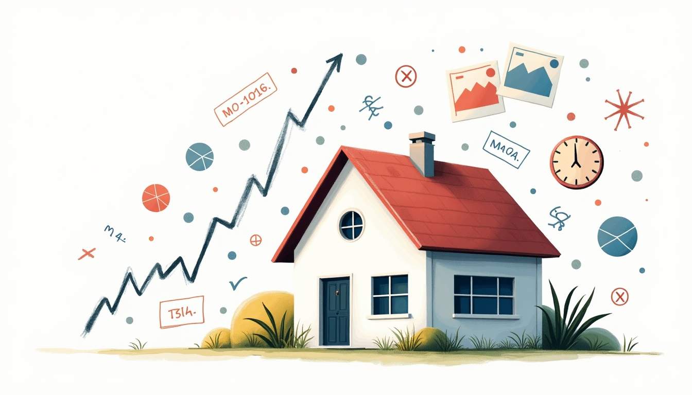 an abstract representation of a rental property surrounded by floating mathematical symbols and calculations, with a visual emphasis on small errors magnifying into larger financial impacts, such as a graph showing ROI fluctuations, hand-drawn abstract illustration for a company blog, white background, professional, minimalist, clean lines, faded colors