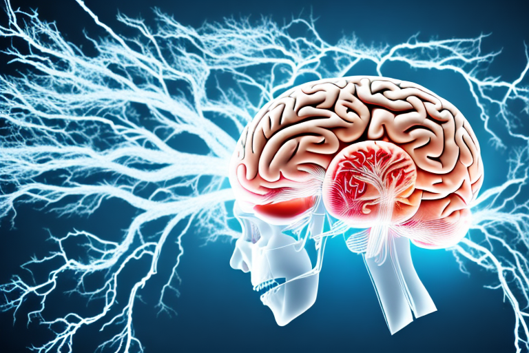 a human brain with arteries highlighted, connected to a blood pressure gauge, and a symbol of a headache such as a thunderstorm cloud or lightning bolt hovering above the brain, hand-drawn abstract illustration for a company blog, in style of corporate memphis, faded colors, white background, professional, minimalist, clean lines