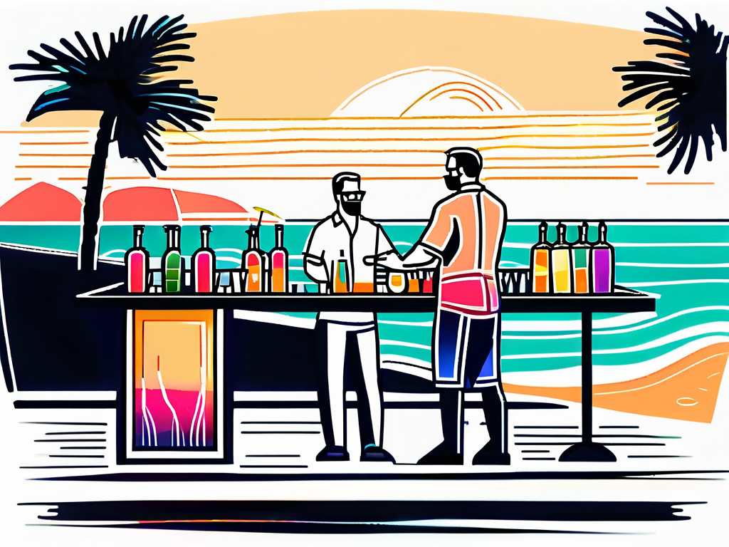 Bar in beach with bartender and patron
