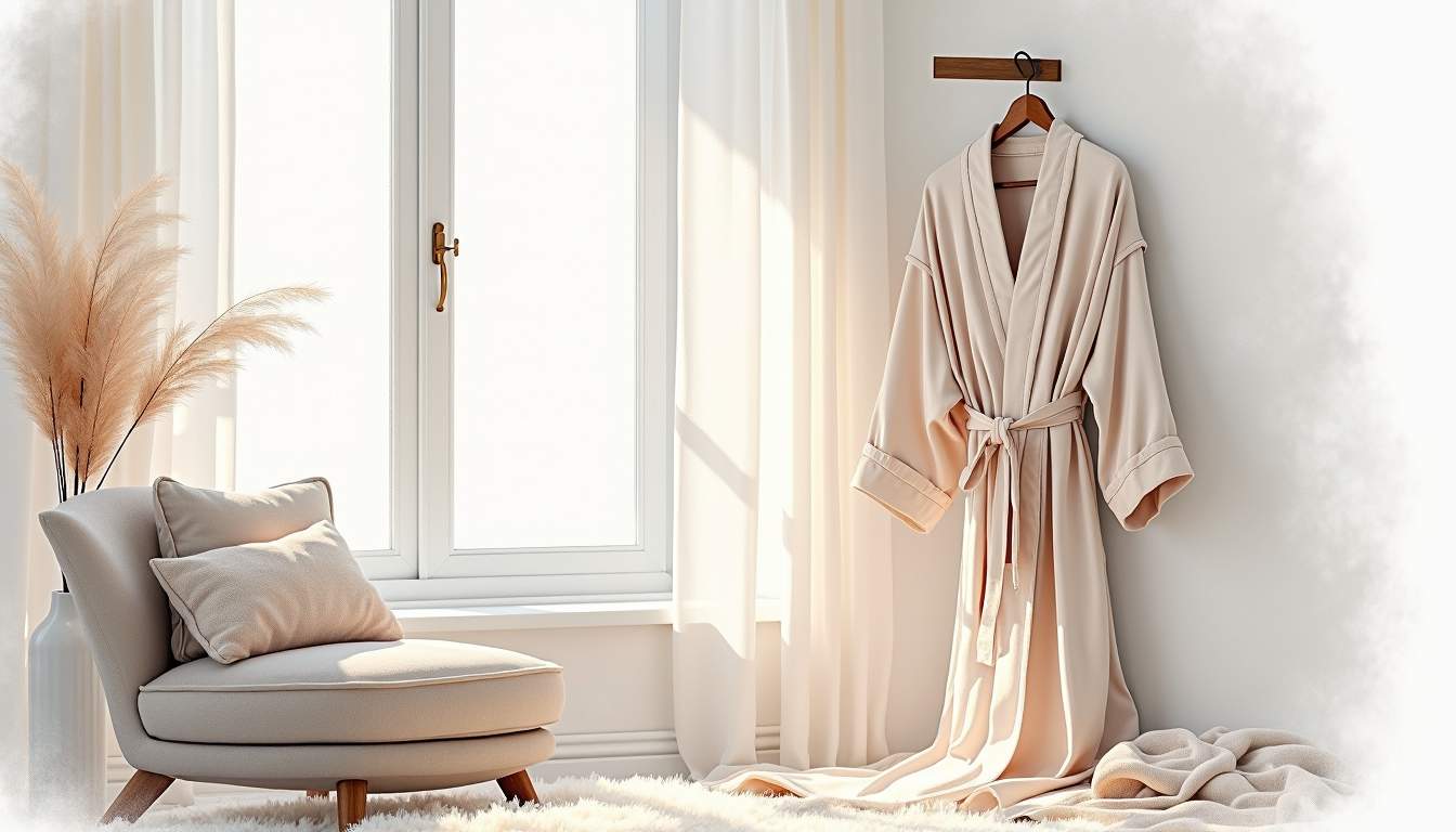 a cozy, inviting scene featuring a beautifully draped lightweight cotton robe hanging on a stylish hook in a serene bedroom setting, surrounded by soft textures, a plush chair, and gentle natural light streaming through a window, hand-drawn abstract illustration for a company blog, white background, professional, minimalist, clean lines, faded colors