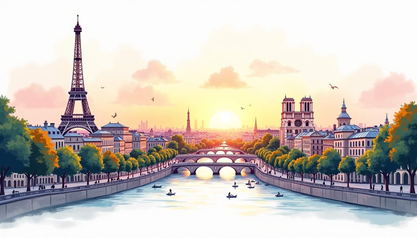 an enchanting Parisian skyline featuring iconic landmarks like the Eiffel Tower, Notre-Dame Cathedral, and the Arc de Triomphe, surrounded by elegant streets lined with charming cafés and lush trees, all bathed in the warm glow of a sunset, hand-drawn abstract illustration for a company blog, white background, professional, minimalist, clean lines, faded colors