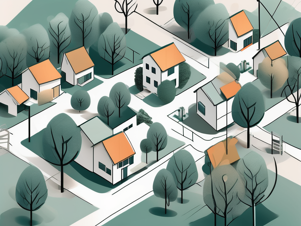 a photography studio intertwined with various symbolic elements of a thriving community, such as trees, interconnected paths, and buildings, emphasizing the concept of growth and engagement, hand-drawn abstract illustration for a company blog, white background, professional, minimalist, clean lines, faded colors