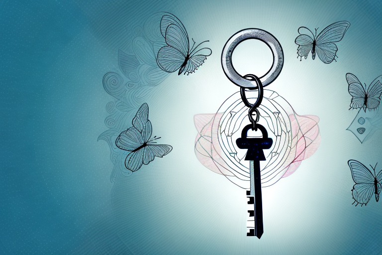 a symbolic key unlocking a heavy chain wrapped around a heart, with light and butterflies emanating from the unlocked area, representing the liberation from trauma through EMDR, hand-drawn abstract illustration for a company blog, in style of corporate memphis, faded colors, white background, professional, minimalist, clean lines