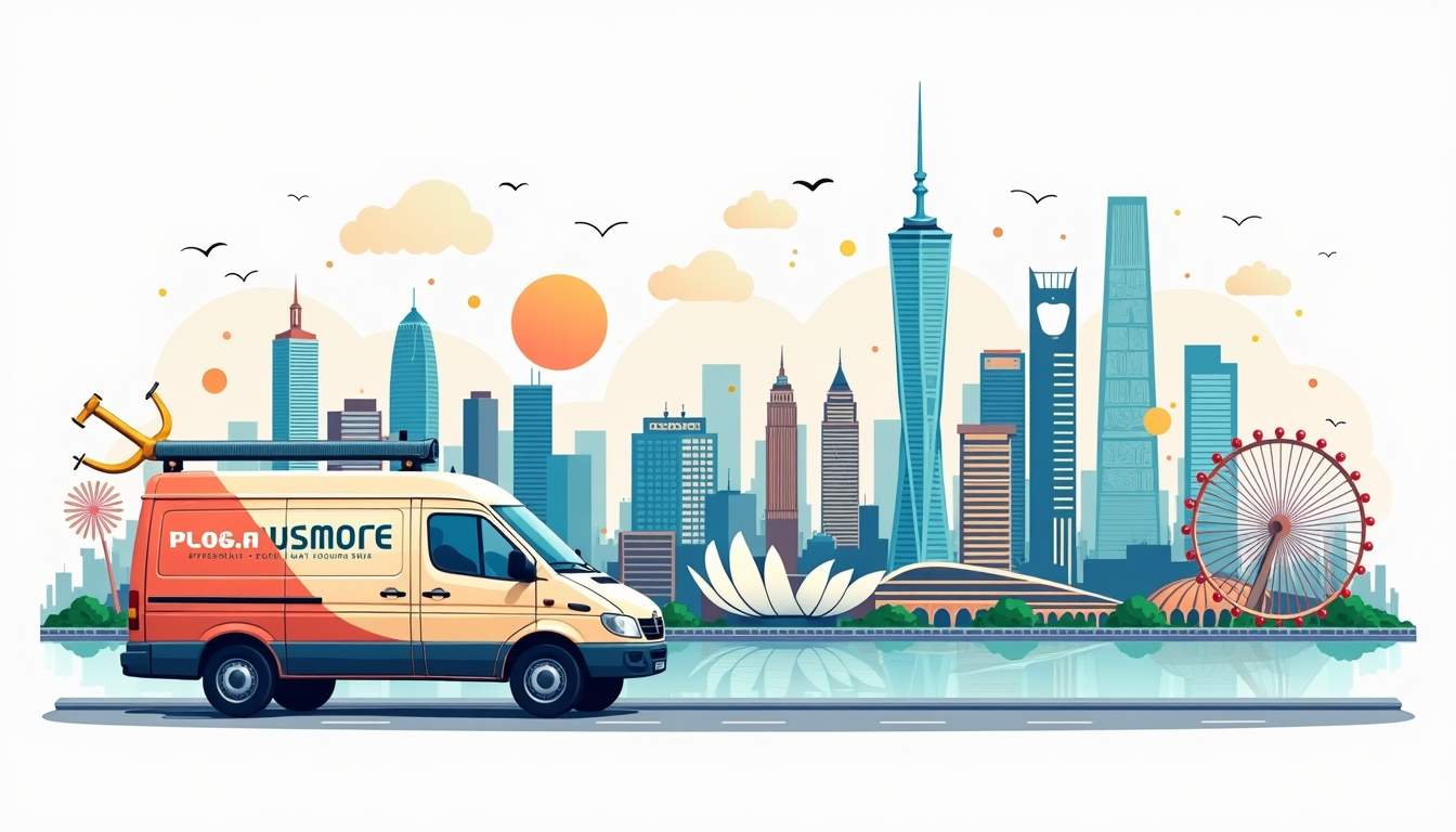 a vibrant cityscape of Singapore featuring iconic landmarks, with a plumbing van parked in the foreground and various plumbing tools creatively integrated into the scene, symbolizing affordable and accessible plumbing services, hand-drawn abstract illustration for a company blog, white background, professional, minimalist, clean lines, faded colors