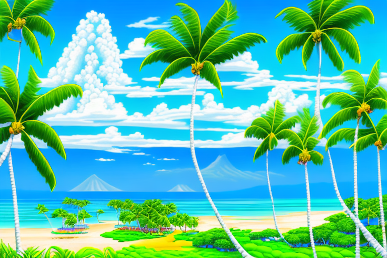 a picturesque Maui landscape, featuring pristine beaches, clear blue skies, lush greenery, and vibrant tropical flowers, with the sun shining brightly and a gentle breeze rustling the palm trees, to depict the island's perfect weather all year round, hand-drawn abstract illustration for a company blog, in style of corporate memphis, faded colors, white background, professional, minimalist, clean lines