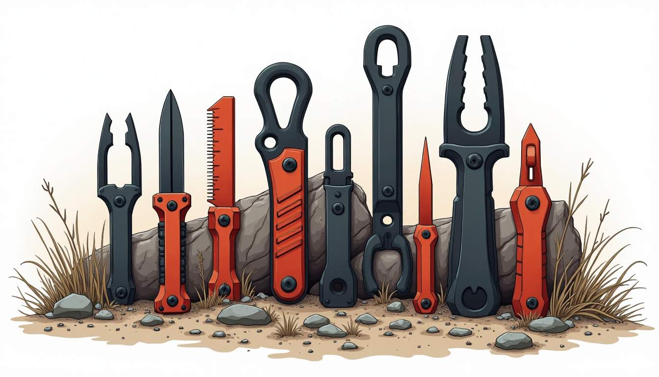 an assortment of tactical trauma tools featuring prominently ergonomic handles, showcasing their unique designs and textures against a backdrop of a rugged, outdoor setting to emphasize their functionality and importance in emergency situations, hand-drawn abstract illustration for a company blog, white background, professional, minimalist, clean lines, faded colors