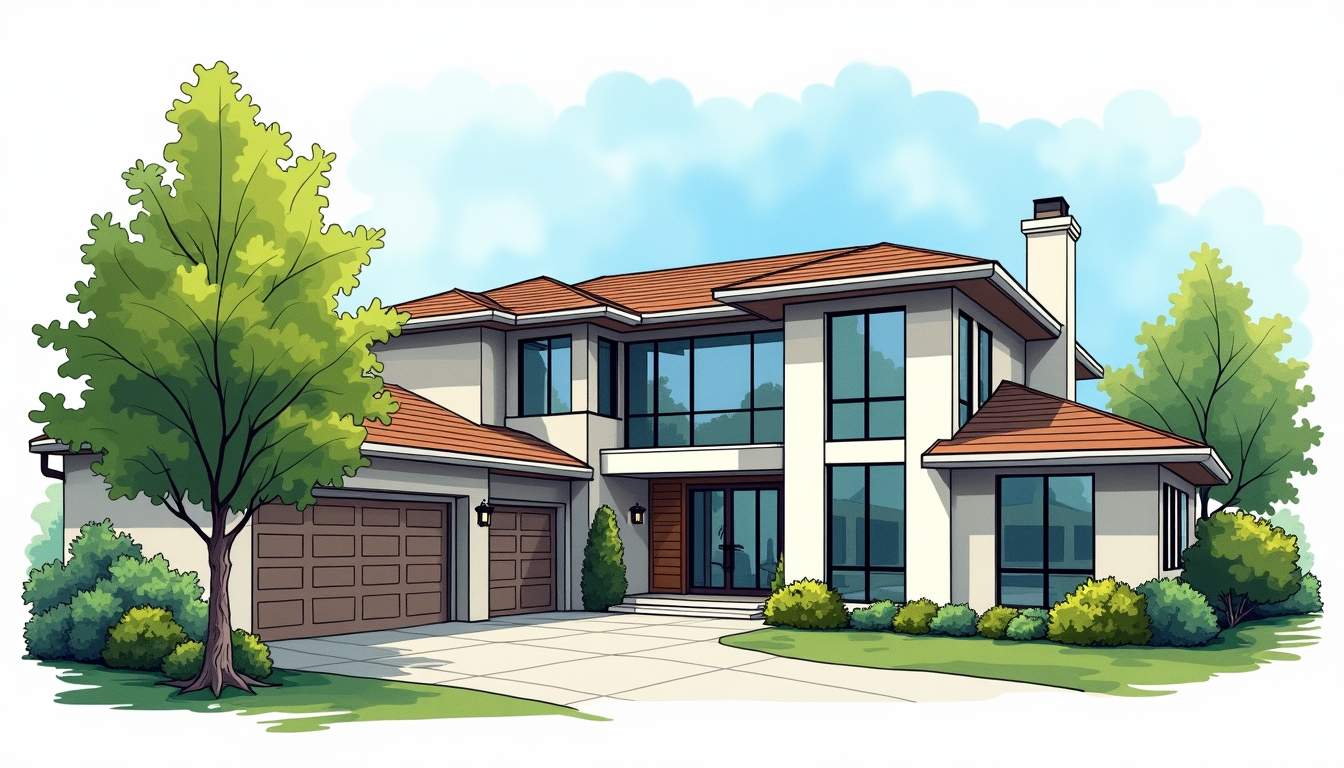 an elegant home exterior in Orange County, showcasing large windows adorned with stylish, reflective window film that enhances privacy while allowing natural light to filter through, surrounded by lush greenery and a clear blue sky, hand-drawn abstract illustration for a company blog, white background, professional, minimalist, clean lines, faded colors