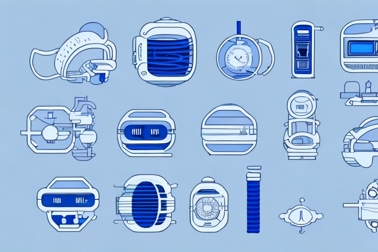 various models of sleep apnea machines progressing in design and technology over time, demonstrating a clear evolution from a bulky, old-fashioned machine to a sleek, modern one, hand-drawn abstract illustration for a company blog, in style of corporate memphis, faded colors, white background, professional, minimalist, clean lines