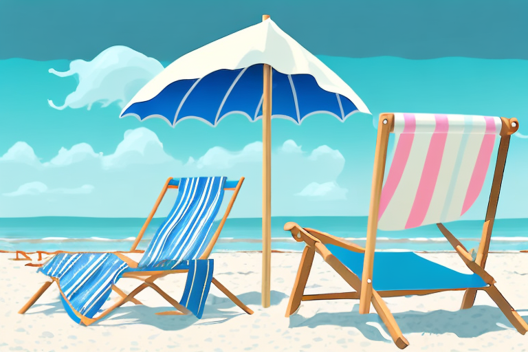 a beach chair with various DIY custom accessories such as a sunshade, drink holder, towel rack, and a side table, set up on a sandy beach with the ocean in the background, hand-drawn abstract illustration for a company blog, in style of corporate memphis, faded colors, white background, professional, minimalist, clean lines