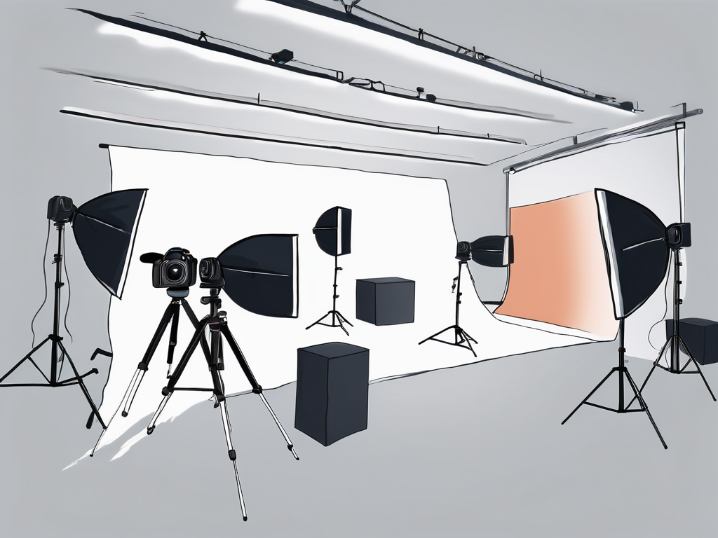 a single camera evolving into a professional photography studio, symbolizing growth and expansion, hand-drawn abstract illustration for a company blog, white background, professional, minimalist, clean lines, faded colors