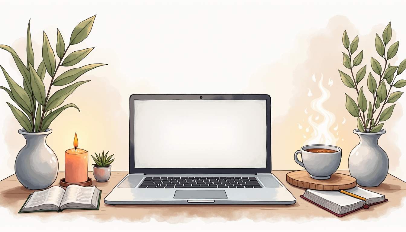 an open laptop surrounded by a serene and inviting atmosphere, featuring elements like soft candlelight, a steaming cup of tea, and nature-inspired decor, to convey a peaceful online devotional experience, hand-drawn abstract illustration for a company blog, white background, professional, minimalist, clean lines, faded colors