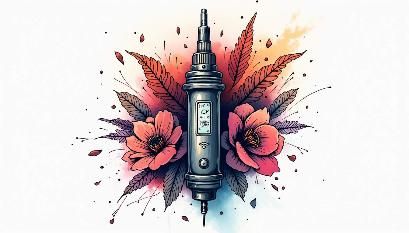 an artistic representation of a wireless tattoo machine surrounded by vibrant ink splashes and various tattoo designs, showcasing the creativity and versatility of modern tattoo artistry, hand-drawn abstract illustration for a company blog, white background, professional, minimalist, clean lines, faded colors