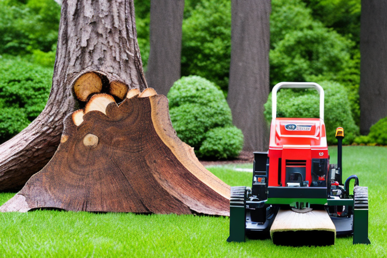 a professional stump grinding machine in action, surrounded by freshly cut wood chips and a well-maintained yard, highlighting the transformation of a tree stump into a clean landscape, hand-drawn abstract illustration for a company blog, in style of corporate memphis, faded colors, white background, professional, minimalist, clean lines