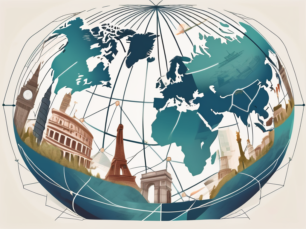 a globe with various famous landmarks from different countries interconnected by a winding path, symbolizing a multi-destination tour, hand-drawn abstract illustration for a company blog, white background, professional, minimalist, clean lines, faded colors