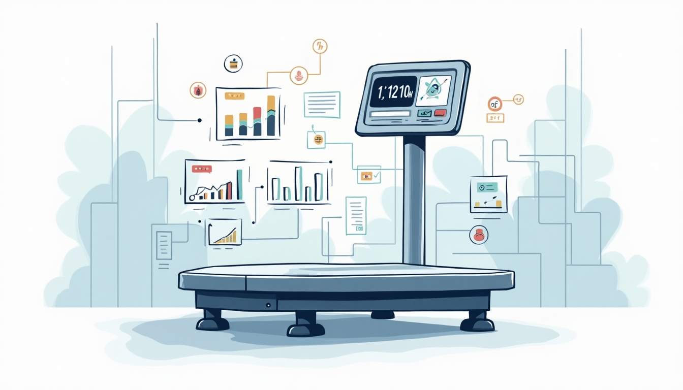 a modern weighing scale integrated with various quality indicators, such as color-coded metrics, bar graphs, and digital displays, set against a backdrop of a laboratory or industrial environment to emphasize precision and accuracy in weighing systems, hand-drawn abstract illustration for a company blog, white background, professional, minimalist, clean lines, faded colors