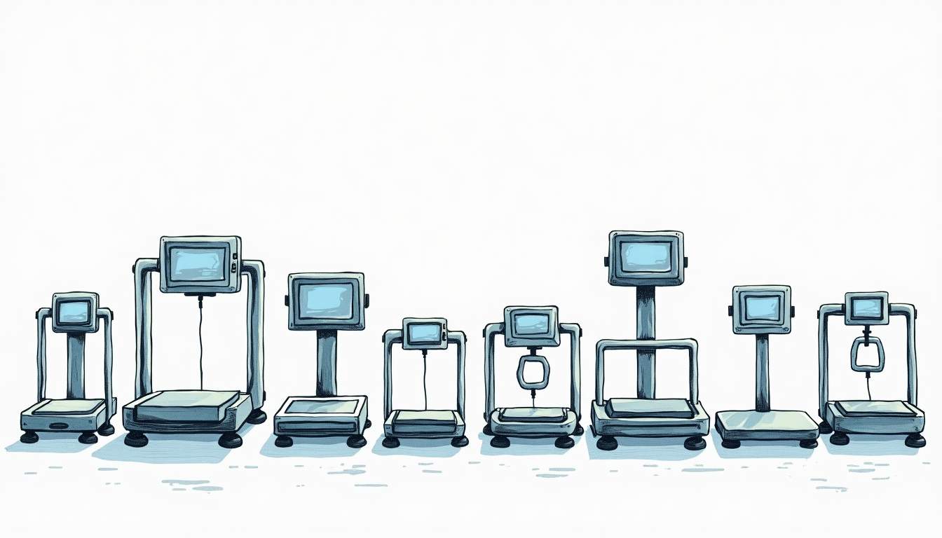 an array of professional weighing equipment, including digital scales, balance scales, and industrial weight sensors, set against a clean, modern background that conveys precision and reliability, hand-drawn abstract illustration for a company blog, white background, professional, minimalist, clean lines, faded colors