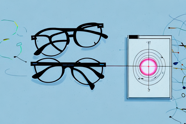 a pair of glasses positioned next to a laser beam, with an eye chart in the background, hand-drawn abstract illustration for a company blog, in style of corporate memphis, faded colors, white background, professional, minimalist, clean lines