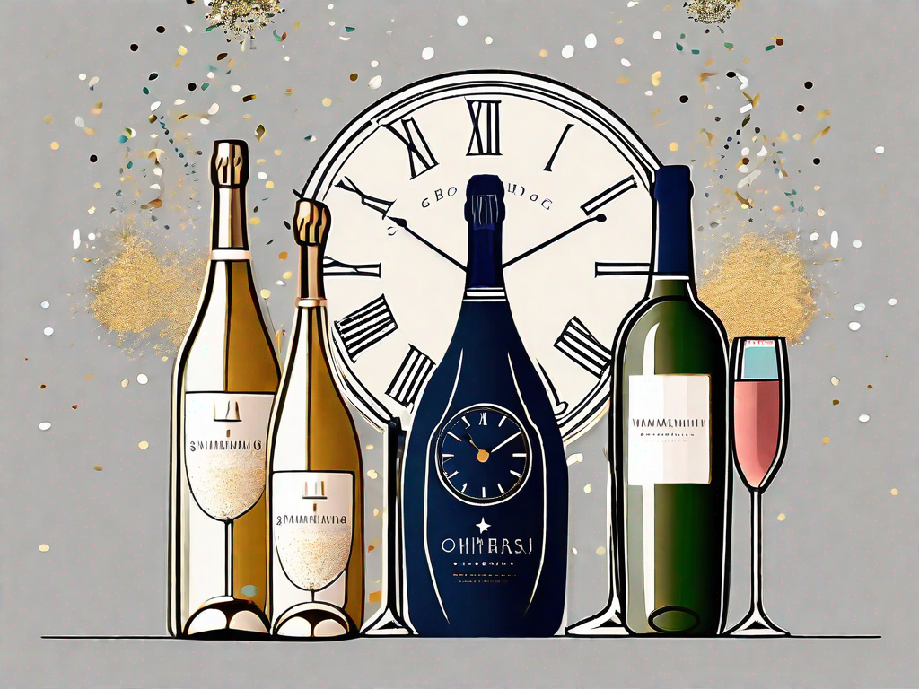 a variety of sparkling wine bottles with champagne flutes, decorated with festive elements like confetti and streamers, all set against a backdrop of a clock striking midnight, hand-drawn abstract illustration for a company blog, white background, professional, minimalist, clean lines, faded colors