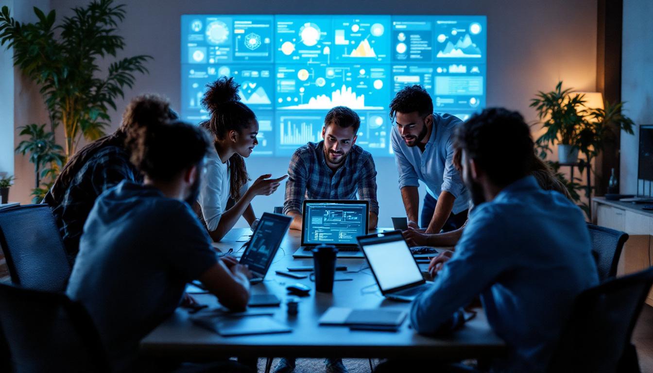 En gruppe unge voksne jobber sammen rundt et bord med PC-er mens store skjermer med datavisualiseringer lyser opp rommet, og de diskuterer spørsmål knyttet til kunstig intelligens.