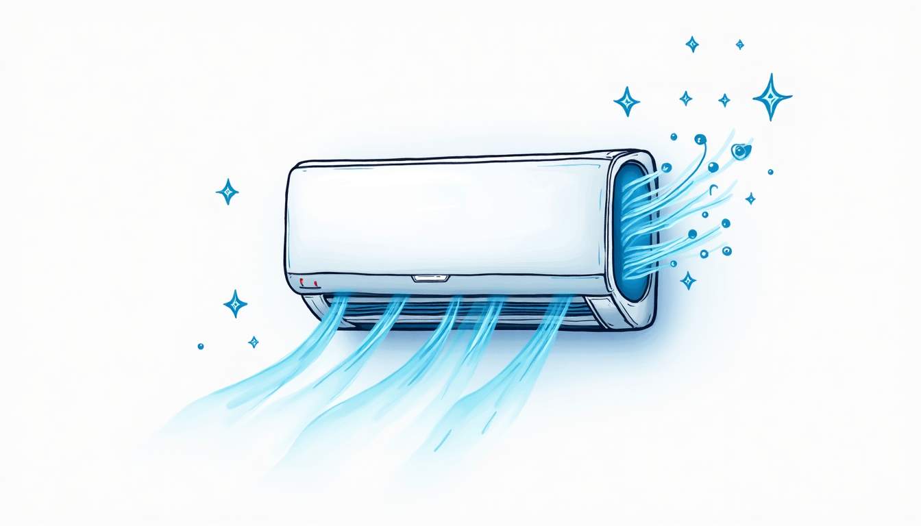 an air conditioning unit with a visual representation of gas flowing into it, surrounded by cool, refreshing air and temperature indicators, highlighting the enhanced cooling performance, hand-drawn abstract illustration for a company blog, white background, professional, minimalist, clean lines, faded colors
