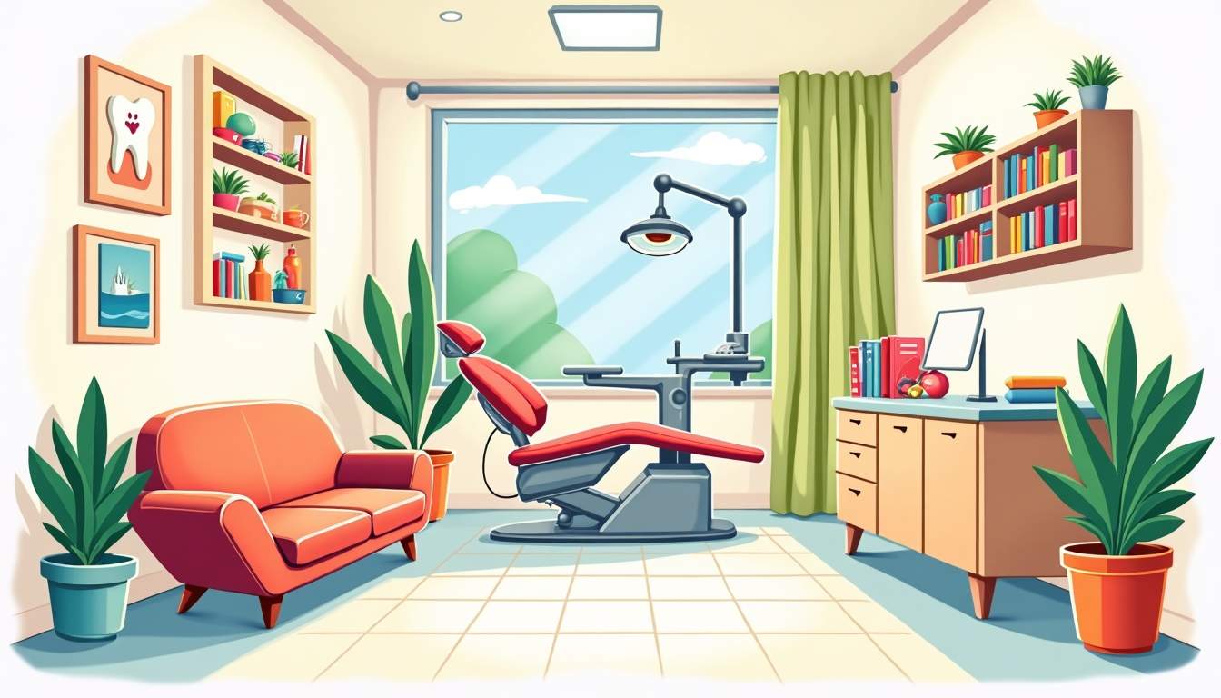 a cozy dental clinic environment featuring colorful, inviting decor, child-friendly dental tools, and a cheerful waiting area with playful elements like toys and books, all conveying a sense of warmth and care for families, hand-drawn abstract illustration for a company blog, white background, professional, minimalist, clean lines, faded colors
