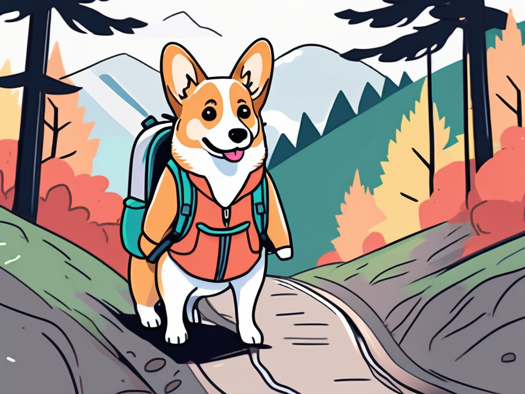 a cute Corgi wearing a colorful backpack, standing on a scenic hiking trail, hand-drawn abstract illustration for a company blog, white background, professional, minimalist, clean lines, faded colors