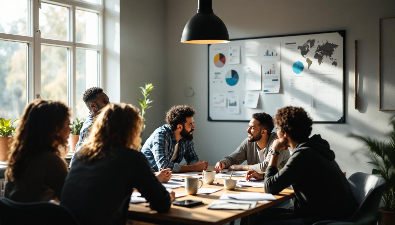Team i møte rundt et bord med analyser og grafer på veggen – illustrasjon av prosessen bak vurdering, kjøp og salg av bedrifter til salgs hos NBM.no.