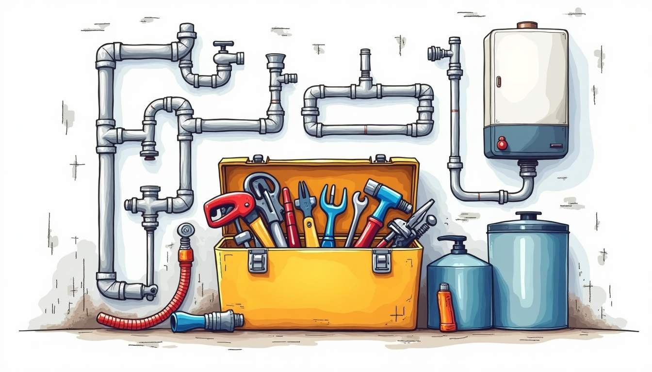 Draw an illustration of a well-organized toolbox filled with essential plumbing tools, surrounded by various plumbing fixtures like pipes, faucets, and a water heater, all set against a backdrop of a modern home interior, hand-drawn abstract illustration for a company blog, white background, professional, minimalist, clean lines, faded colors