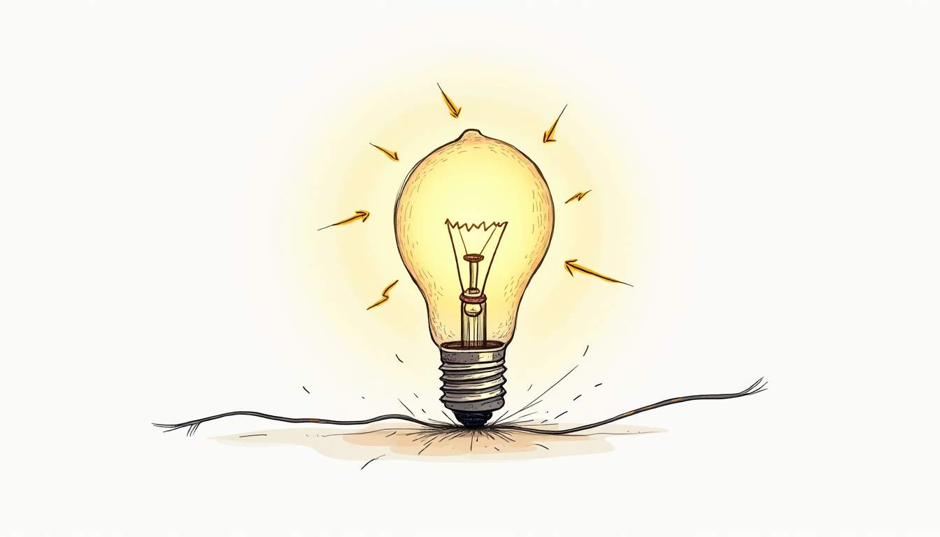 a close-up view of a flickering light bulb surrounded by a soft glow, with visual elements representing common causes of flickering, such as a loose socket, frayed wiring, and fluctuating electrical current depicted as wavy lines or arrows, hand-drawn abstract illustration for a company blog, white background, professional, minimalist, clean lines, faded colors