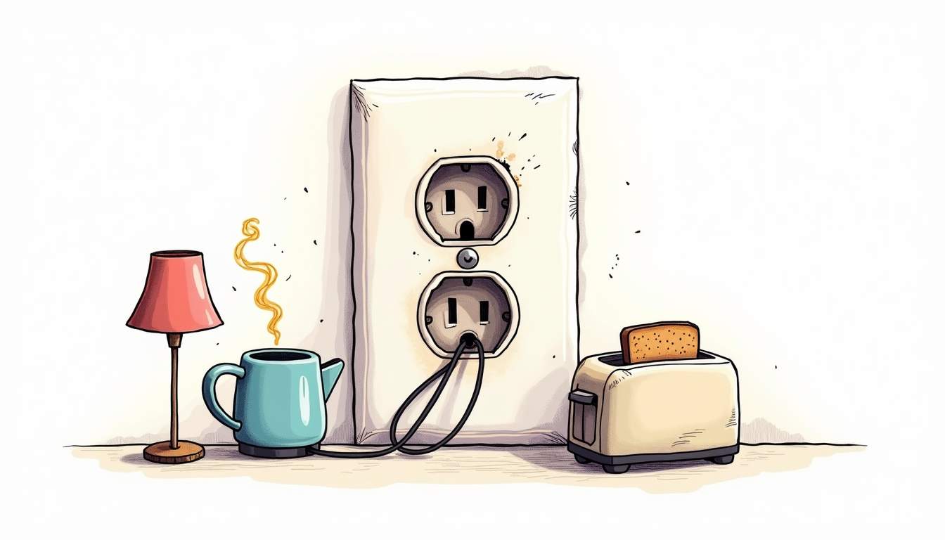 an electrical outlet with visible signs of wear, such as frayed wires and scorch marks, surrounded by small household items like a lamp and a toaster to emphasize the potential dangers of neglecting minor electrical issues, hand-drawn abstract illustration for a company blog, white background, professional, minimalist, clean lines, faded colors