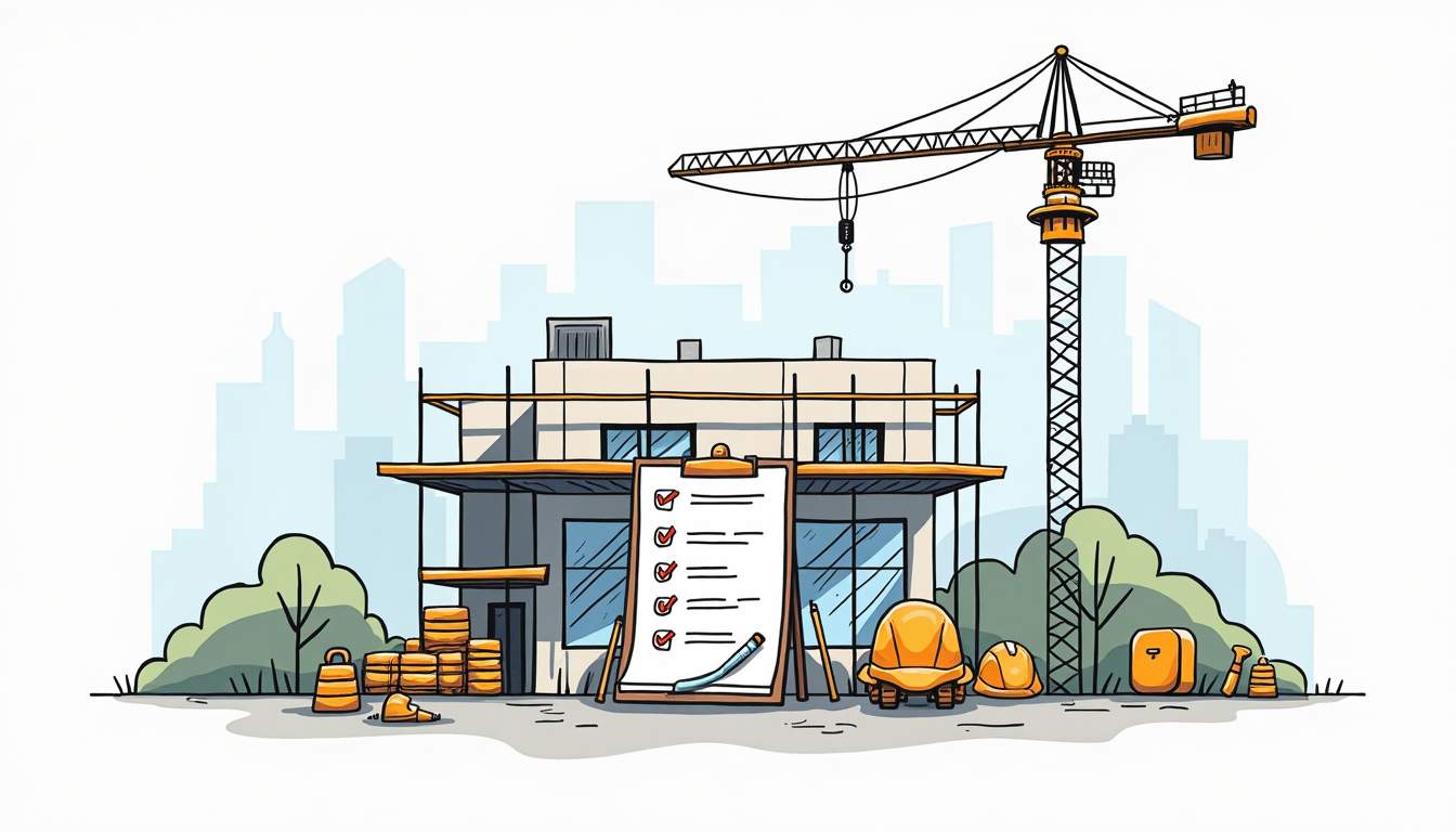 a construction site with various elements such as blueprints, scaffolding, tools, and quality control checklists, emphasizing the themes of organization and oversight in project management, hand-drawn abstract illustration for a company blog, white background, professional, minimalist, clean lines, faded colors